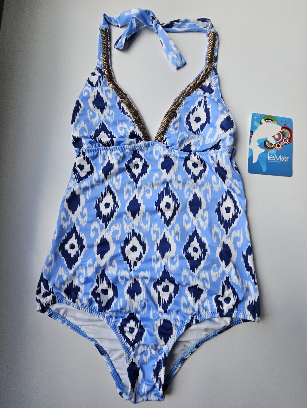 Nwt LeMar Blue Ikat Bronze Embellished One Piece Bathing Suit